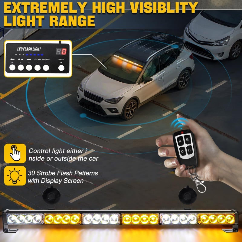 FEELOTAM Traffic Advisor Strobe Lights Bar Emergency Warning Strobe Flash Visor Lights for Vehicles Trucks Suction Bracket 27 Inch 6 Panel Led Wireless Remote Control Amber and White - Image 2